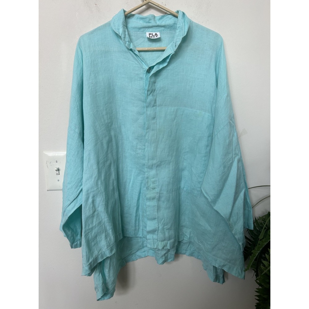 PLANET Lauren G Turquoise Linen Signature Shirt OS Asymmetric Hem Art Lagenlook